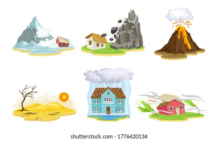 Natural Cataclysms with Drought and Volcanic Eruption Vector Illustrations Set