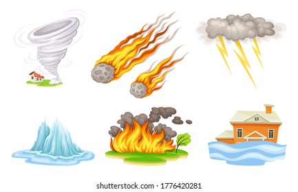 Natural Cataclysms with Fire Accident and Tornado Vector Illustrations Set