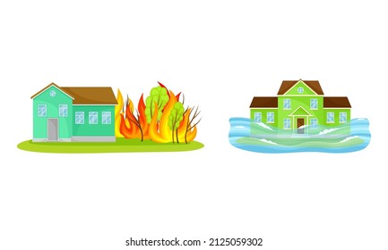 Cataclismos naturales con conjunto de vectores para inundaciones y incendios forestales