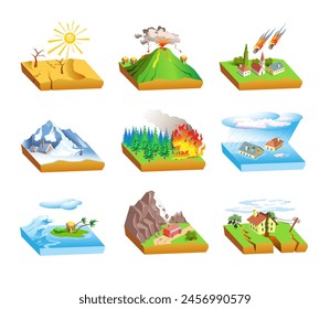 Natural cataclysms. A set of isometric pictures of natural disasters - earthquake, tsunami, flood, avalanche and others. Vector 3d illustration