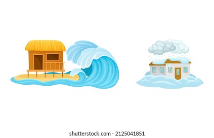 Natural Cataclysms with Snowstorm or Blizzard and Tsunami Wave Vector Set