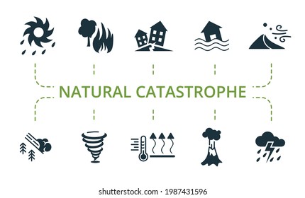 Natural Catastrophe icon set. Contains editable icons natural disaster theme such as earthquake, sandstorm, typhoon and more.