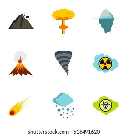 Natural catastrophe icons set. Flat illustration of 9 natural catastrophe vector icons for web