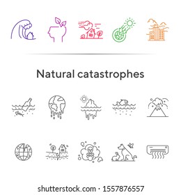 Natural catastrophes icons. Set of line icons. Toxic fumes, breaking planet, animals. Ecology concept. Vector illustration can be used for topics like environment protection, nature