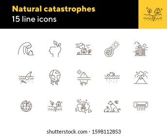 Natural catastrophes icons. Set of line icons. Toxic fumes, breaking planet, animals. Ecology concept. Vector illustration can be used for topics like environment protection, nature