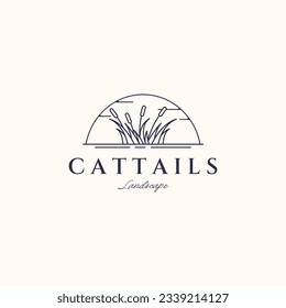 natural cattail with sunset line art logo vector minimalist illustration design,  sunny cattails plant symbol design