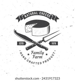 Natural cheese badge design. Template for logo, branding design with block cheese and fork, knife for cheese. Vector illustration.