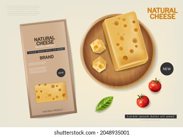 Natural cheese package vector realistic. Product placement label design. Organic products banner advertise