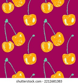 Natural cherry pattern seamless, cherry vector illustrations, hand-drawn berry for vegan banner, juice, jam label design. Ripe berries background for baby food packaging. Cherry banner backdrop.