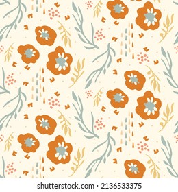 Natural chic boho flower seamless pattern in ditzy wildflower style. Hand drawn organic botanics fashion print. Modern summer nature garden bloom in trendy vintage country cottagecore color. 