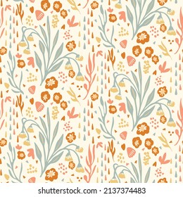 Natural chic boho flower seamless pattern in ditzy wildflower style. Hand drawn organic botanics fashion print. Modern summer nature garden bloom in trendy vintage country cottagecore color. 
