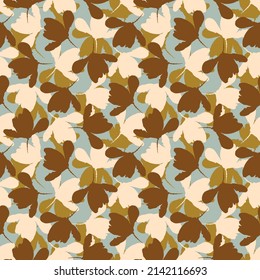 Natürliches, schicke Boho Blätter nahtlos Muster im ditzigen Laubstil. Handgezeichneter biologischer Botanischer Modedruck. Moderner Sommergarten in trendiger Vintage Landschaft Kernfarbe. 