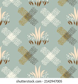 Natural chic boho foliage seamless pattern in ditzy leaf style. Hand drawn organic botanics fashion print. Modern summer nature garden in trendy vintage country cottagecore color. 