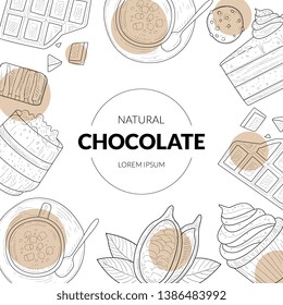 Natural Chocolate Banner Template with Chocolate Desserts Hand Drawn Pattern and Place for Text, Design Element Can Be Used Packaging, Label, Branding Identity, Certificate, Vector Illustration