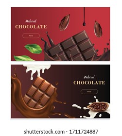 Banderas horizontales de chocolate natural que promueven el chocolate negro y de leche y variedad de chocolate ilustraciones vectoriales realistas