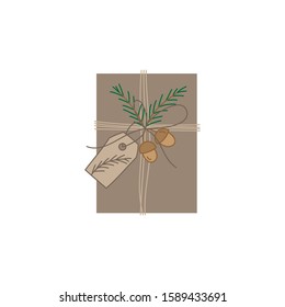 Natural christmas gift vector illustration. Nature, trendy brown organic wrapping paper and string decorated with tree branches, nuts and tag. Isolated.