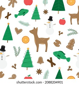 Natural Christmas vector illustration seamless pattern. Doe deer, tree, branch, spices, fruit, gingerbread cookie, fish, snowman cartoon hand drawn icons. Czech Christmas simple drawing. Isolated.