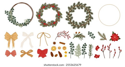 Natural Christmas Wreath Constructor. Holiday circle decoration with greenery, berries, and bows. Winter festive decor pine and fir branches, eucalyptus, cinnamon, dried oranges. Vector illustration