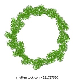 Natural Christmas wreath or a round frame of bright green spruce branches covered with snow and delicate snowflakes. Isolated on white background. Hand drawn vector illustration.