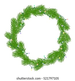 Natural Christmas wreath or a round frame with bright green branches of fir, enmeshed in glowing garland of colored light bulbs. Isolated from the background. Hand drawn vector illustration.