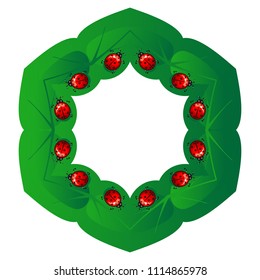 Natural circular frame. Green foliage and a ladybug. Vector.