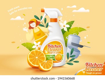 Natural citrus kitchen cleaner ad template design. Realistic spray bottle mock up and fresh orange slices with hand drawn illustrations of housemaid, flowers and kitchen utensils.