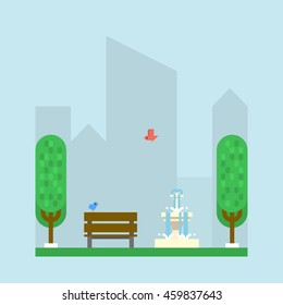 Natural city park landscape icon. Bench, fountain, trees and birds. Infographic element. Flat style vector illustration