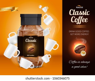 Natural classic coffee advertisement realistic composition with glass jar of instant coffee of top brand vector illustration