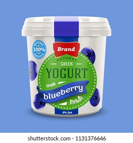 natural classic Greek nonfat yogurt jar with blueberry pieces and jam,  commercial vector advertising mock-up 