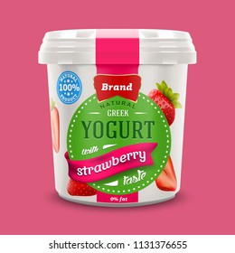 natural classic Greek nonfat yogurt jar with strawberry pieces and jam,  commercial vector advertising mock-up 