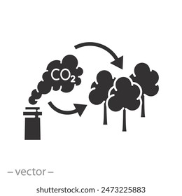 natural cleaning polluted air icon, trees capture co2 emission, forest filter carbon, reduce pollution, flat symbol on white background - vector illustration