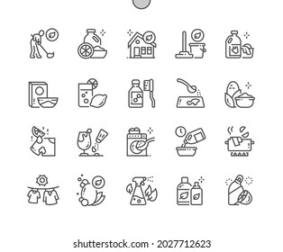 Natural cleaning products. Eco friendly cleaning. Soak, baking soda, lemon, salt and other. Pixel Perfect Vector Thin Line Icons. Simple Minimal Pictogram