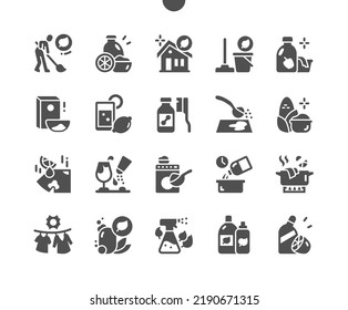 Natural cleaning products. Eco friendly cleaning. Soak, baking soda, lemon, salt and other. Vector Solid Icons. Simple Pictogram