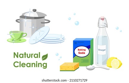 Natural Cleaning Products At Home. Bicarbonate Of Soda And White Vinegar For Cleaning In Sustainable Home. Zero Waste Concept Vector Illustration.