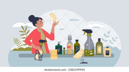 Natural cleaning products from organic bio herbs ingredients tiny person concept. Sustainable, green and environmental housekeeping chemical alternatives for washing housework vector illustration.