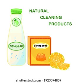 Natural cleaning products. Soda in paper box, glass bottle of vinegar and slice lemon isolated on white background. Eco friendly products for green home. Zero waste lifestyle.Stock vector illustration