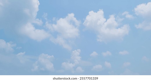 Natural and cloudy fresh blue sky background. Natural sky beautiful blue and white texture background. Blue sky and cloud on summer daytime.