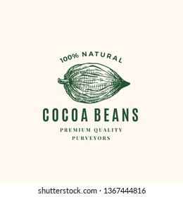 Signo vectorial, símbolo o plantilla de logotipo de los granos de cacao natural. Esbozo dibujado a mano Cacao Bean Sillhouette con Tipografía Retro. Viejo Emblema De Lujo. Aislado.