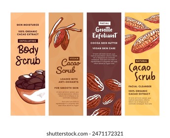 Natural cocoa body scrub sticker promo flyer design template set engraved vector illustration. Skin care facial cleanser seed butter vegan cosmetic beauty product with plant grain pack label