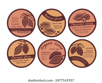 Natural cocoa powder organic food drink cook ingredient vintage round label design template set vector flat illustration. Flavorful product premium quality brown retro circle badge brand pack sticker