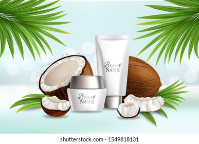 Natural coconut cosmetics, vector advertising poster design template. Realistic whole and half coco, cream tube, jar, palm tree leaves. Coconut skin care product promo composition for banner label etc