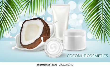 Natural coconut cosmetics, vector advertising poster design template. Realistic  coconut nuts on milk splash with tropical  blue bokeh background , spa cosmetics or cream packaging  skin care product