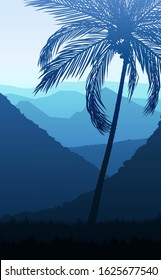 Natural Coconut trees mountains horizon hills silhouettes of trees and hills in the evening Sunrise and sunset Landscape wallpaper Illustration vector style Colorful view background