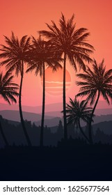 Natural Coconut trees mountains horizon hills silhouettes of trees and hills in the evening Sunrise and sunset Landscape wallpaper Illustration vector style Colorful view background