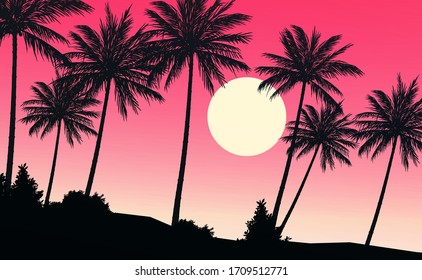 Natural Coconut trees. Mountains horizon hills. Silhouettes of palm trees and hills. Sunrise and sunset. Landscape wallpaper. Illustration vector style. Colorful view background.