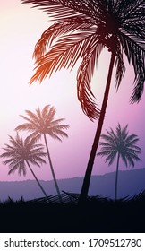 Natural Coconut trees. Mountains horizon hills. Silhouettes of palm trees and hills. Sunrise and sunset. Landscape wallpaper. Illustration vector style. Colorful view background.