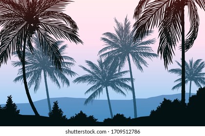 Natural Coconut trees. Mountains horizon hills. Silhouettes of palm trees and hills. Sunrise and sunset. Landscape wallpaper. Illustration vector style. Colorful view background.