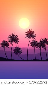 Natural Coconut trees. Mountains horizon hills. Silhouettes of palm trees and hills. Sunrise and sunset. Landscape wallpaper. Illustration vector style. Colorful view background.