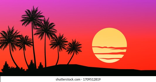 Natural Coconut trees. Mountains horizon hills. Silhouettes of palm trees and hills. Sunrise and sunset. Landscape wallpaper. Illustration vector style. Colorful view background.