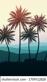 Natural Coconut trees. Mountains horizon hills. Silhouettes of palm trees and hills. Sunrise and sunset. Landscape wallpaper. Illustration vector style. Colorful view background.